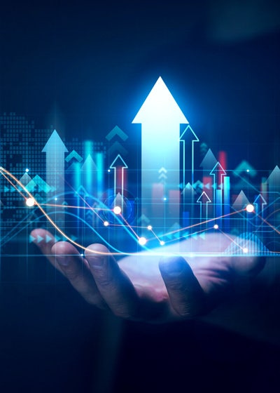 Businessman holding growth graph of business. Successful business, growth strategy and achieving goals with the rising arrow. Business strategy development and growing growth plan.